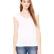 Ladies' Sheer Mini Rib Cap Sleeve V-Neck T-Shirt