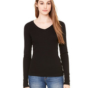 Ladies' Sheer Mini Rib Long Sleeve V-Neck T-Shirt