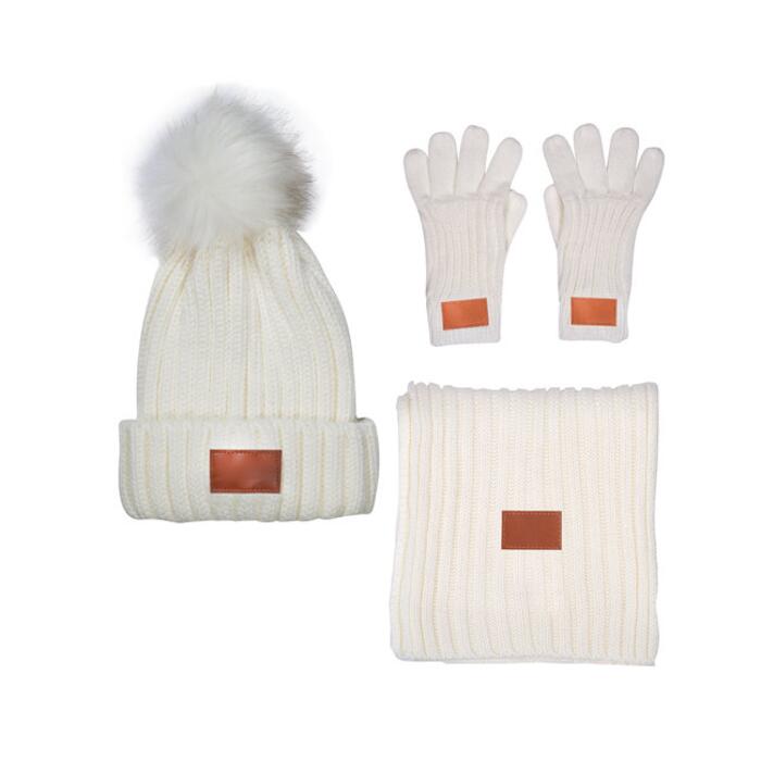 Three-Piece Rib Knit Fur Pom Winter Set Thumbnail