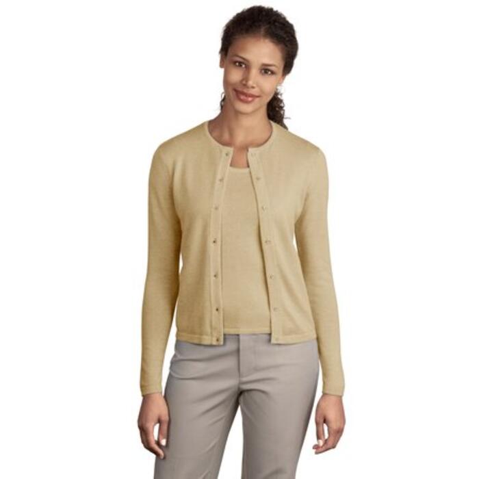 Ladies Fine Gauge Crewneck Cardigan Sweater Thumbnail