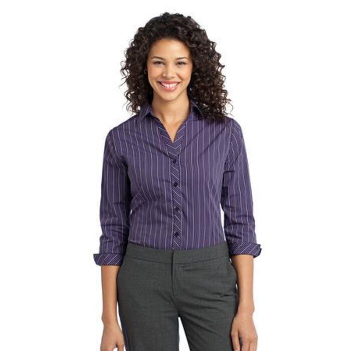 Ladies Vertical Stripe 3/4 Sleeve Easy Care Shirt Thumbnail