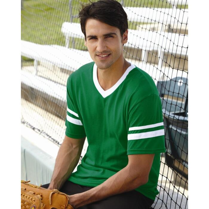 V-Neck Jersey with Striped Sleeves Thumbnail