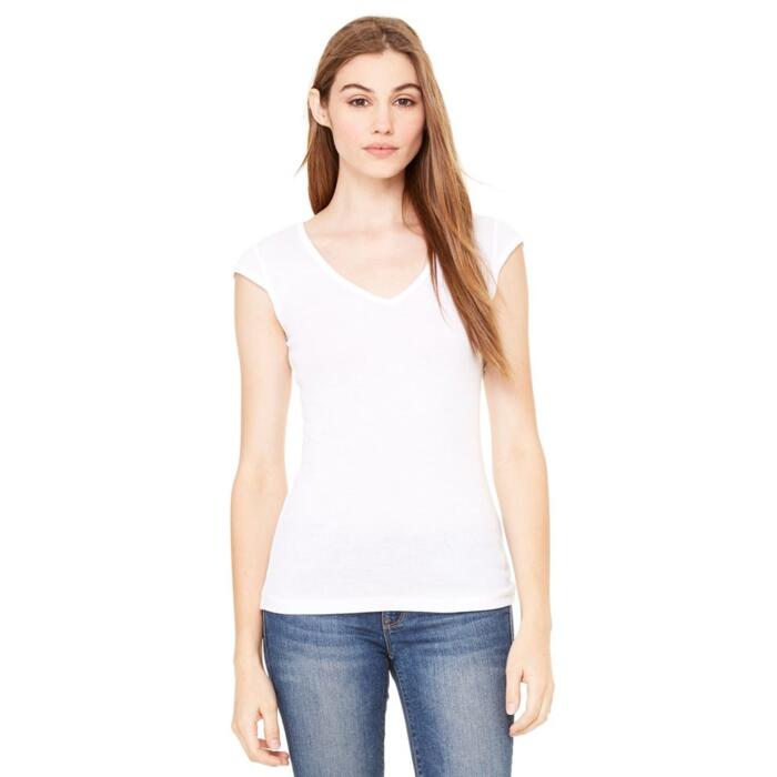 Ladies' Sheer Mini Rib Cap Sleeve V-Neck T-Shirt Thumbnail